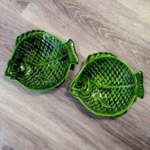 Vintage Holland Mold 1960's Olive Green Fish Dishes (2) Signed by Fran